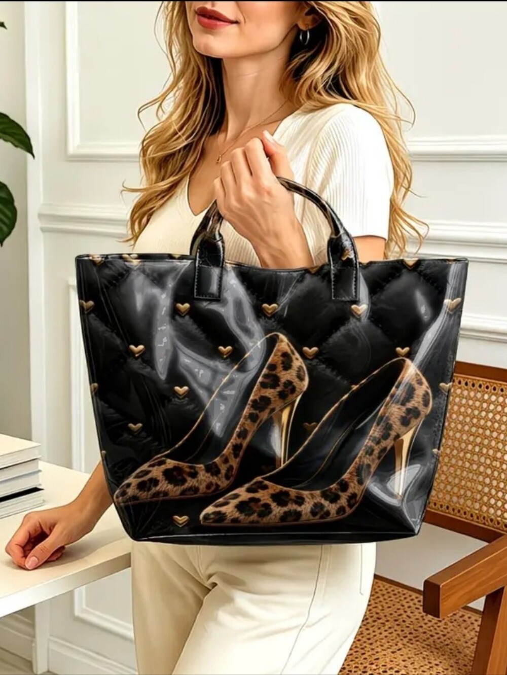 Women Stylish Leopard High Heel PVC Daily Commute Tote Bag